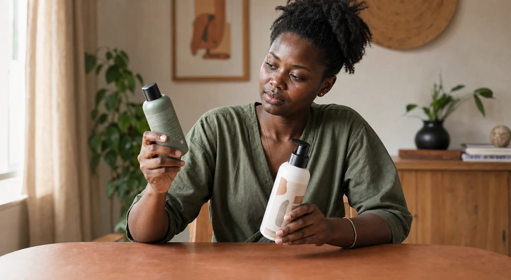 A Nigerian woman comparing two unbranded skincare products before buying