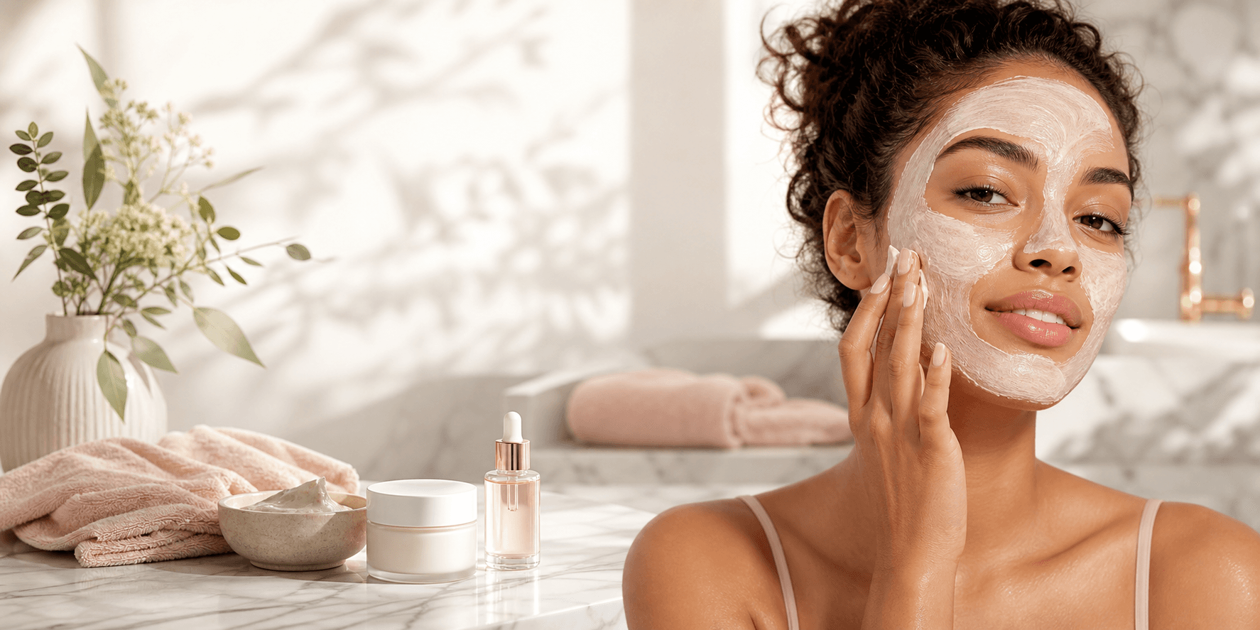 Woman applying a creamy face mask in a bright skincare studio