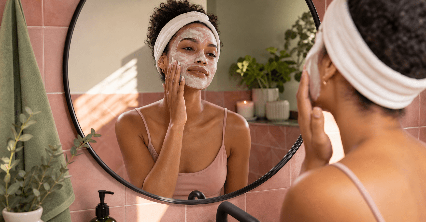 Woman applying a face mask while looking into a round bathroom mirror