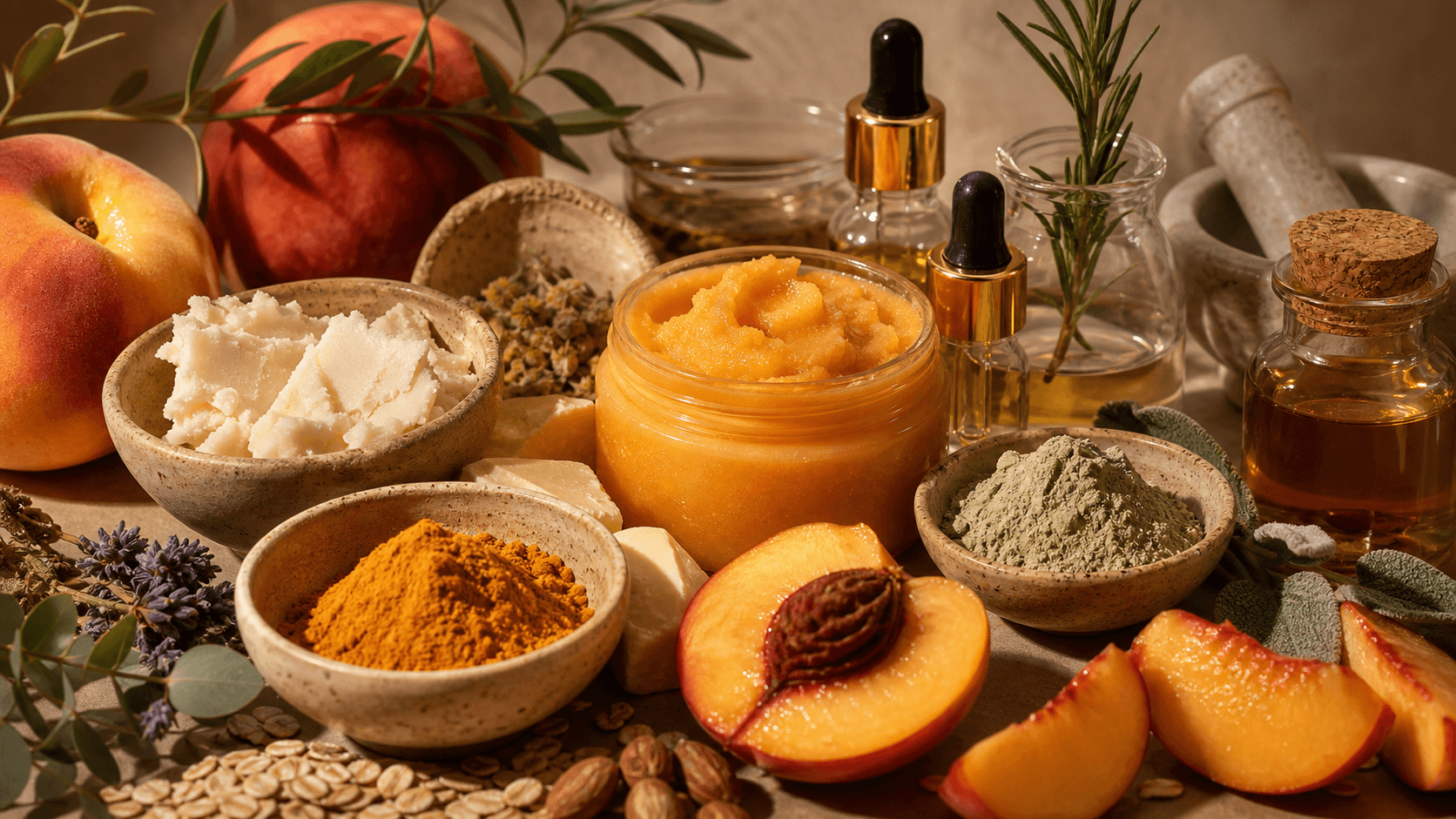 Botanical powders, butters, oils, and fruit used in skincare formulations